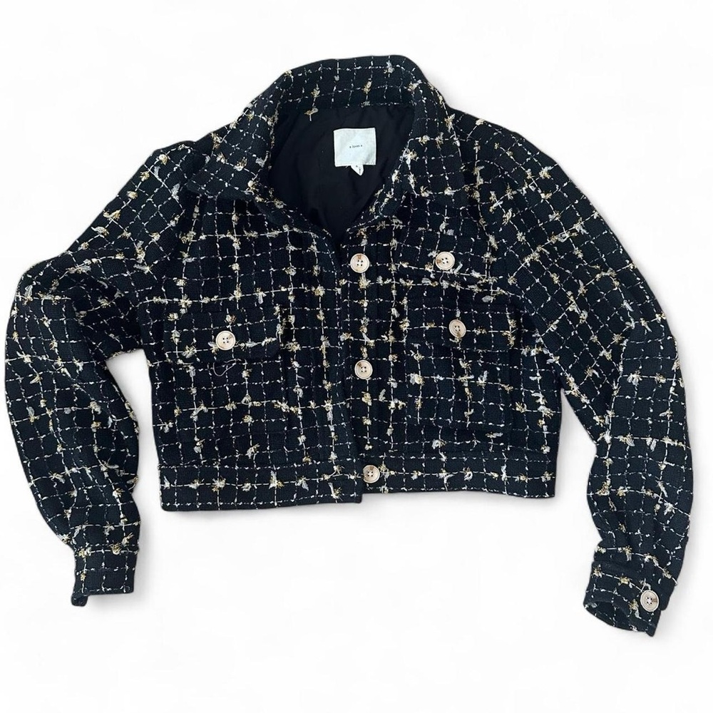 A LOVES A BLACK WHITE AND GOLD BOUCLE JACKET WITH GOLD BUTTONS SIZE SMALL